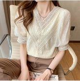 Short Sleeve V-Neck Lace Blouse Shirt